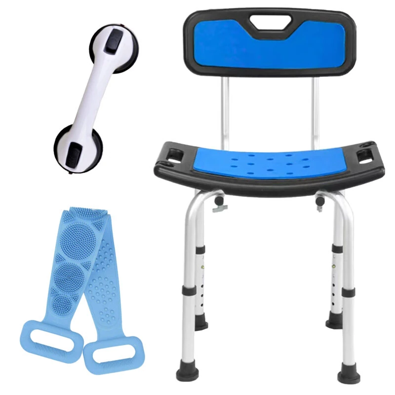 Shower chair with blue seat and backrest, suction grab handle, and silicone back wash belt.
