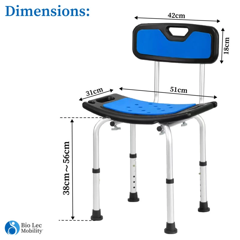 Shower chair with adjustable height and dimensions labeled.
