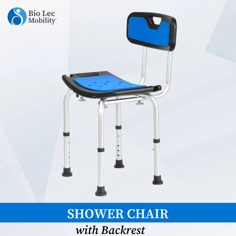 Adjustable shower chair with blue seat and backrest.