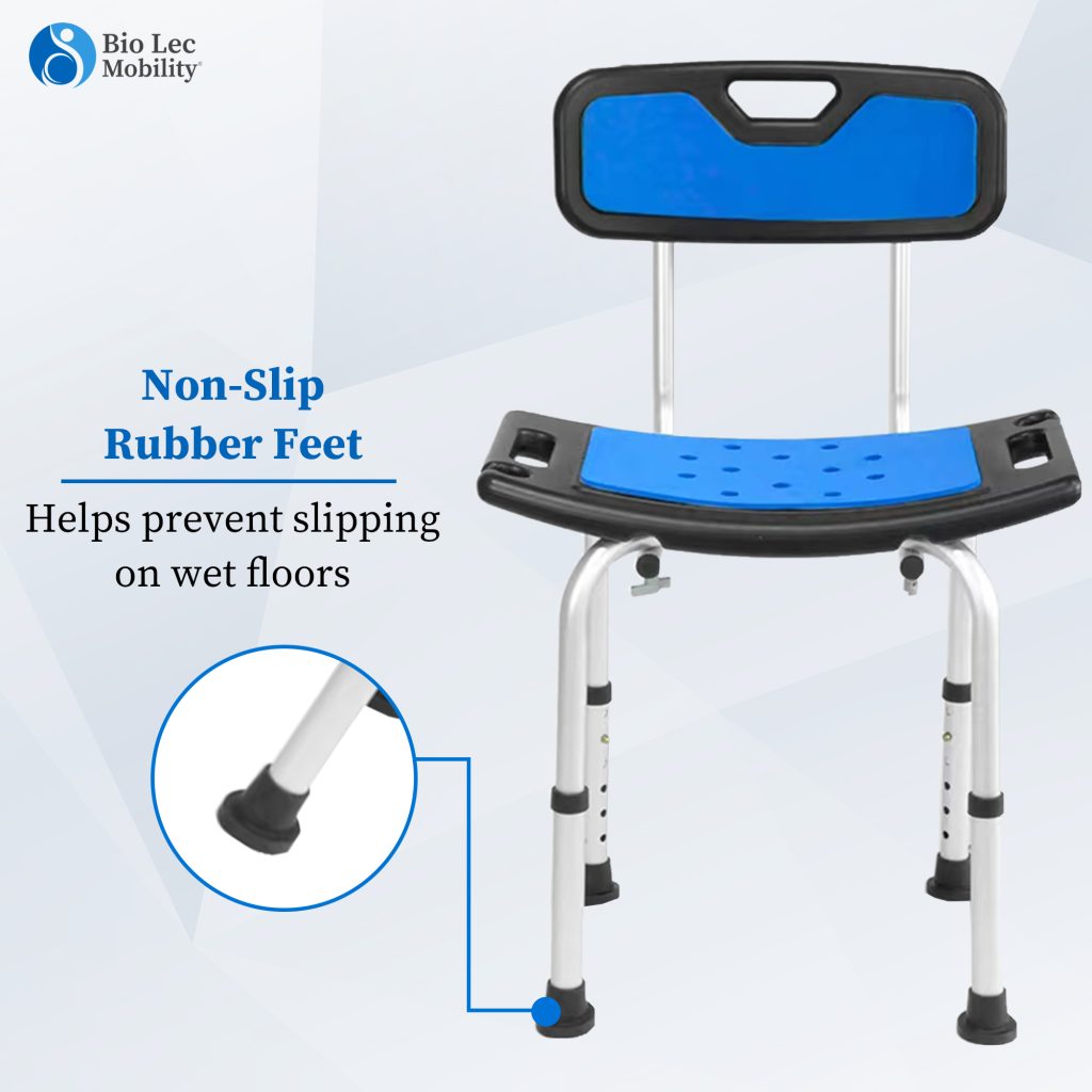 Adjustable shower chair with blue seat and backrest, featuring non-slip rubber feet.
