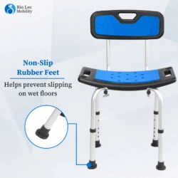 Adjustable shower chair with blue seat and backrest, featuring non-slip rubber feet.