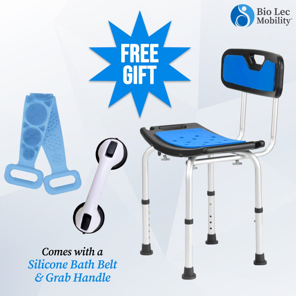 Shower chair with blue seat and backrest, silicone bath belt, and grab handle.