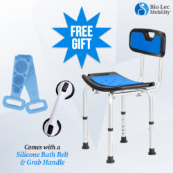 Shower chair with blue seat and backrest, silicone bath belt, and grab handle.