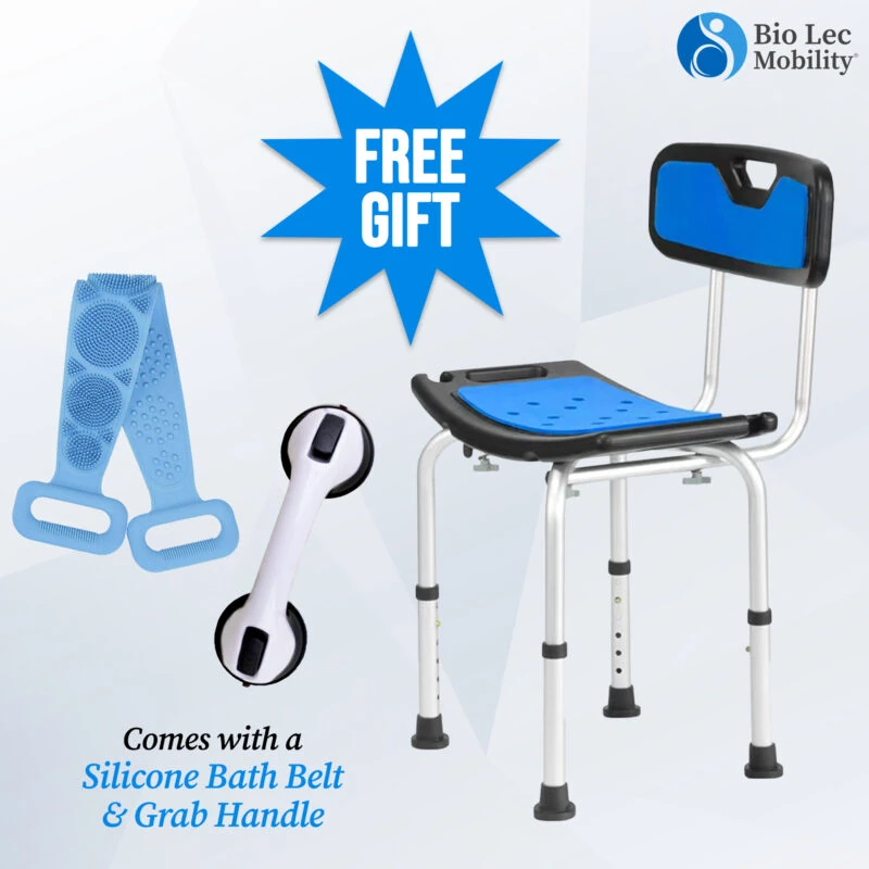 Shower chair with blue seat and backrest, silicone bath belt, and grab handle.