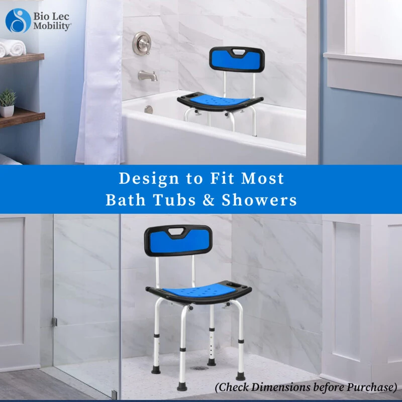 Adjustable shower chair with blue seat and backrest in a bathroom setting.