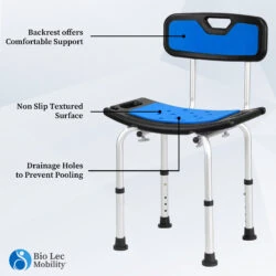 Shower chair with blue seat and backrest, adjustable legs, and drainage holes.