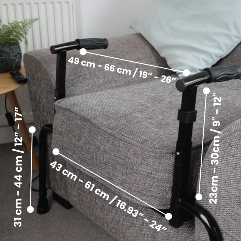 Adjustable sofa stand assist attached to a grey sofa with measurement labels.