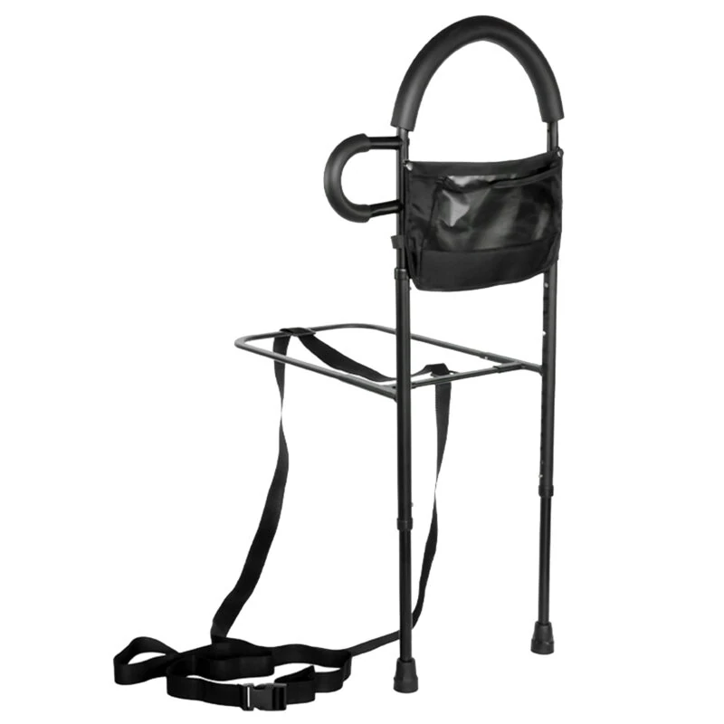 Black bed assist rail with handle and detachable pouch.