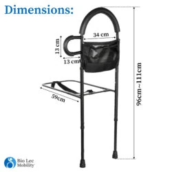 Bed assist rail with handle and storage pouch, showing dimensions.