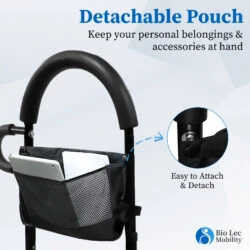 Bed assist rail with a detachable pouch for storing items.