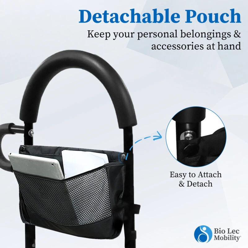 Bed assist rail with a detachable pouch for storing items.