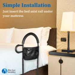Bed assist rail with a handle next to a bed, showing simple installation.