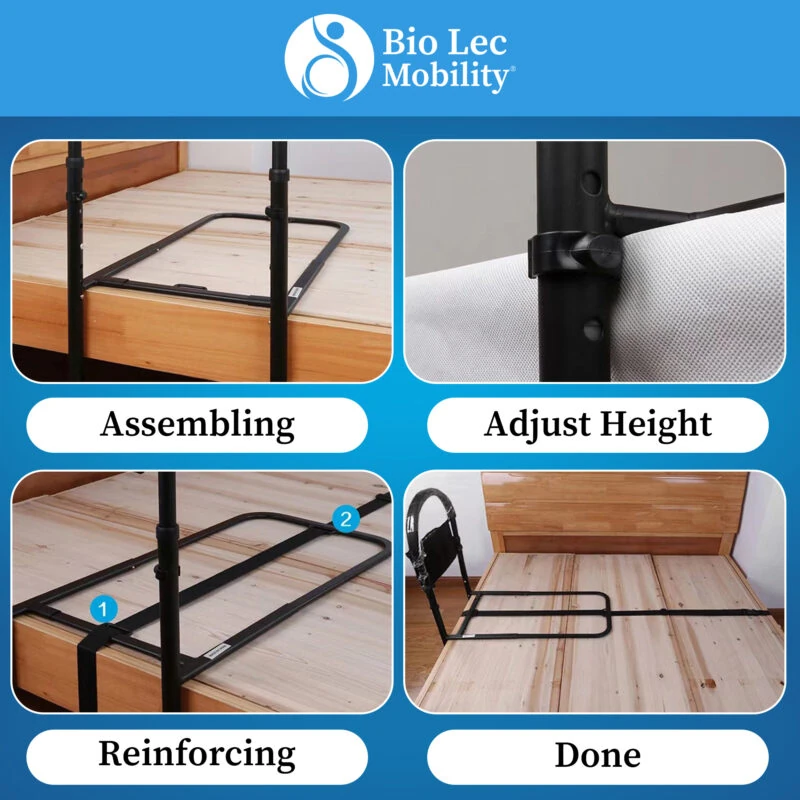 Four-step assembly process of a bed assist rail on a wooden bed.