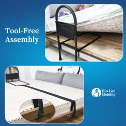 Bed assist rail attached to a bed with a secure strap and detachable pouch.
