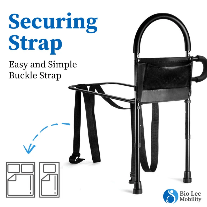 Bed assist rail with securing strap and detachable pouch.