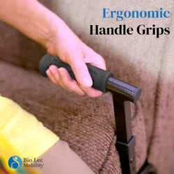 Hand gripping ergonomic handle of sofa stand assist.