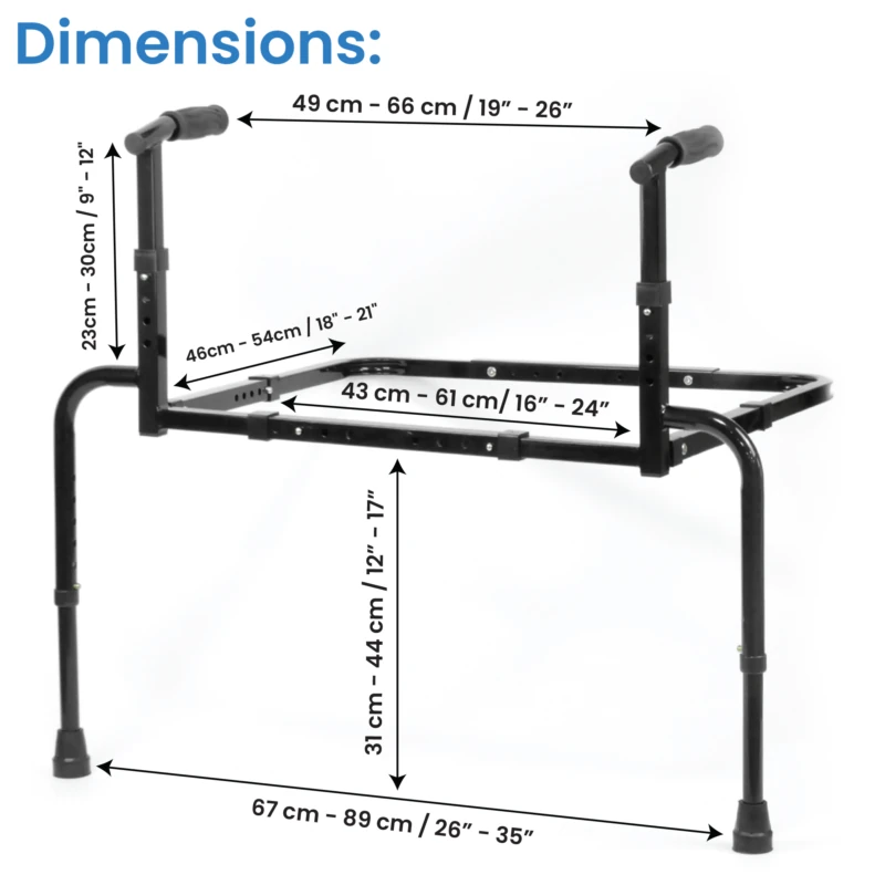 Adjustable sofa stand assist with dimensions labeled.