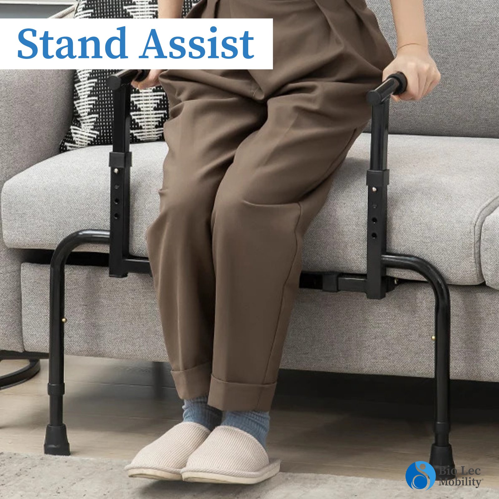 Assists individuals that have difficulty standing or sitting from a chair  or sofa.