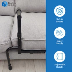 Sofa stand assist attached to a grey sofa with safety features highlighted.