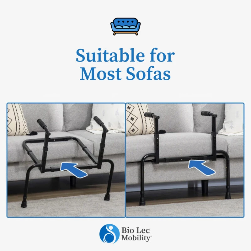 Adjustable sofa stand assist shown on a sofa with two hand grips.