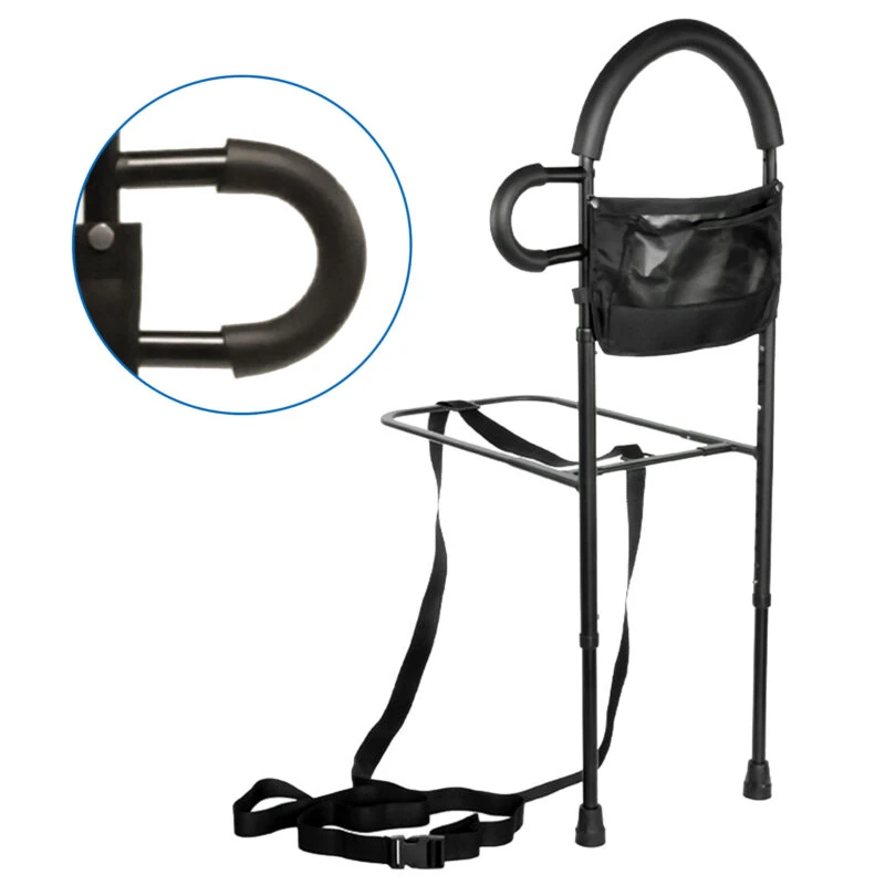 Black bed assist rail with handle and storage pouch.