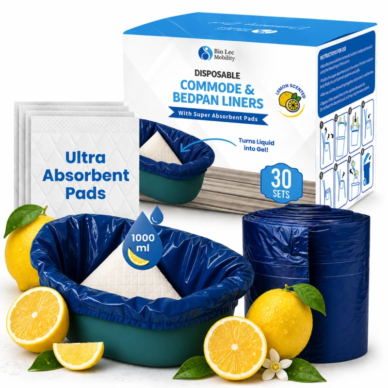 Box of 30 lemon-scented commode liners with absorbent pads.