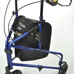 Blue aluminium 3 wheel rollator walker with black handles and seat.