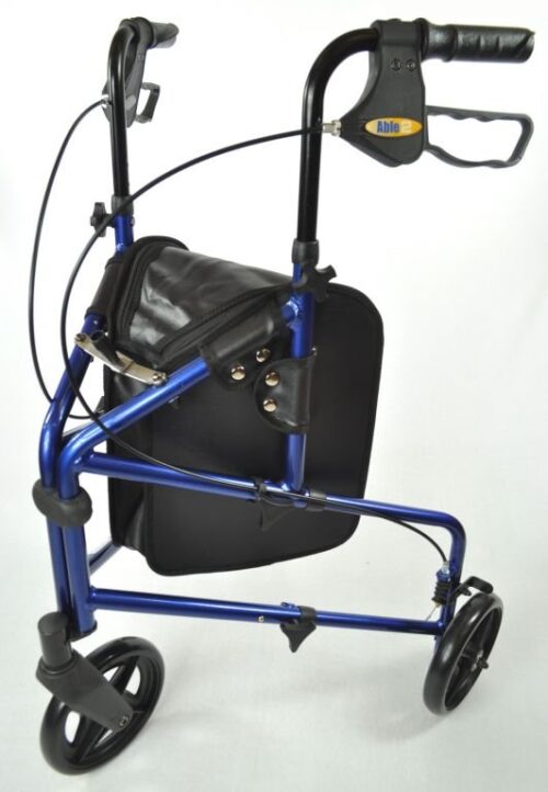 Blue aluminium 3 wheel rollator walker with black handles and seat.