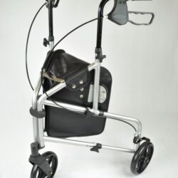 Silver three-wheeled walker with black handles and bag.
