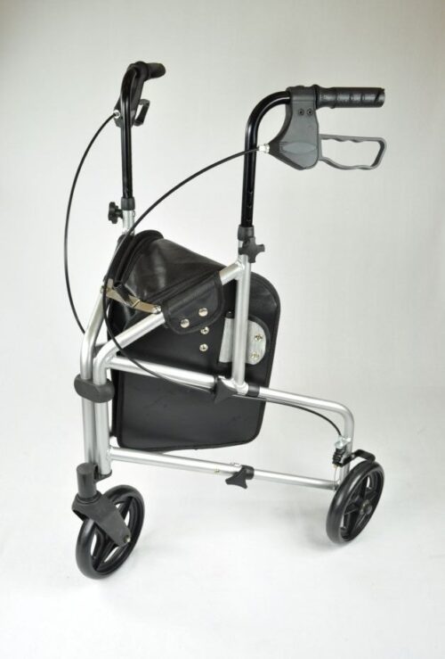 Silver three-wheeled rollator walker with black handles and a bag.