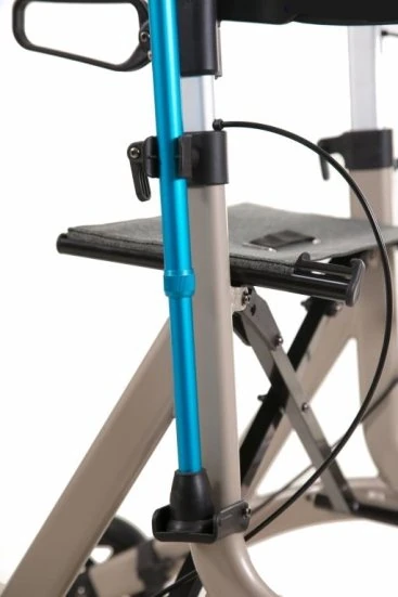 Close-up of rollator frame showing seat and handle adjustment.