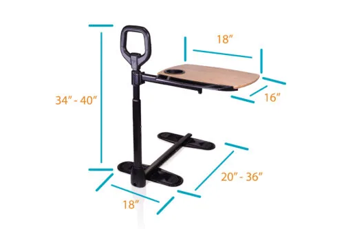 Sitting to Standing Aid with dual pivoting tray and adjustable height.