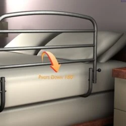 Bed support rail attached to a bed, showing pivot down feature.