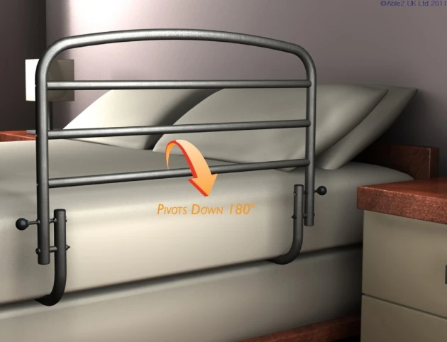 Bed support rail attached to a bed, showing pivot down feature.