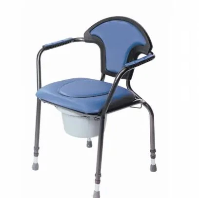 Blue padded bedside commode chair with metal frame and armrests.
