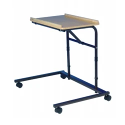 Height adjustable over armchair table with wheels and beech effect top.