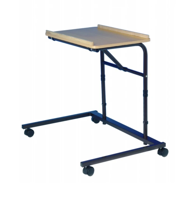 Height adjustable over armchair table with wheels and beech effect top.