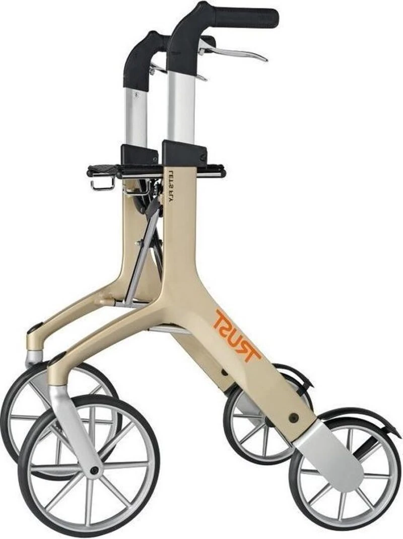 Champagne Let's Fly Rollator with visible wheels and handles.