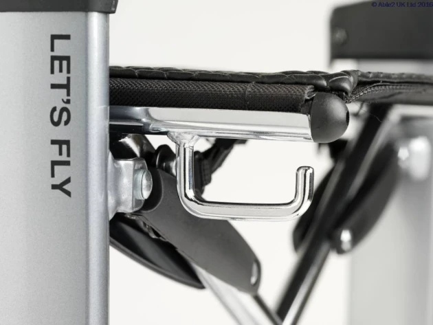 Close-up view of Let's Fly Rollator frame and seat attachment.