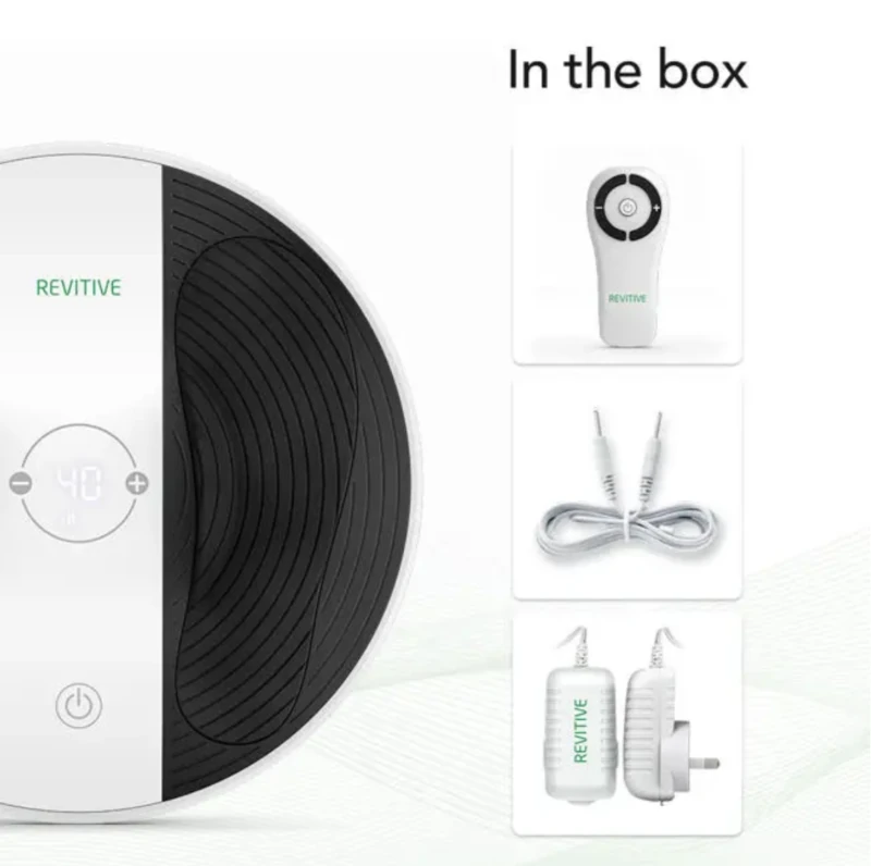 Revitive Circulation Booster with remote, cable, and adapter.