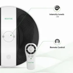 Revitive foot massager with remote control and intensity levels.