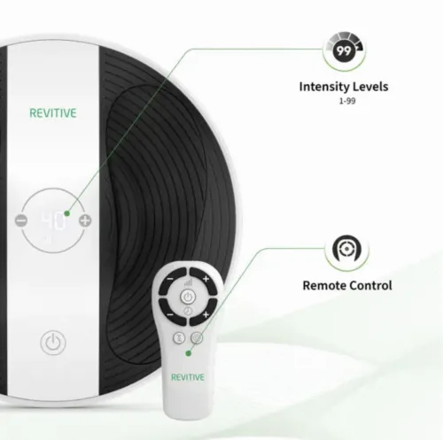 Revitive foot massager with remote control and intensity levels.