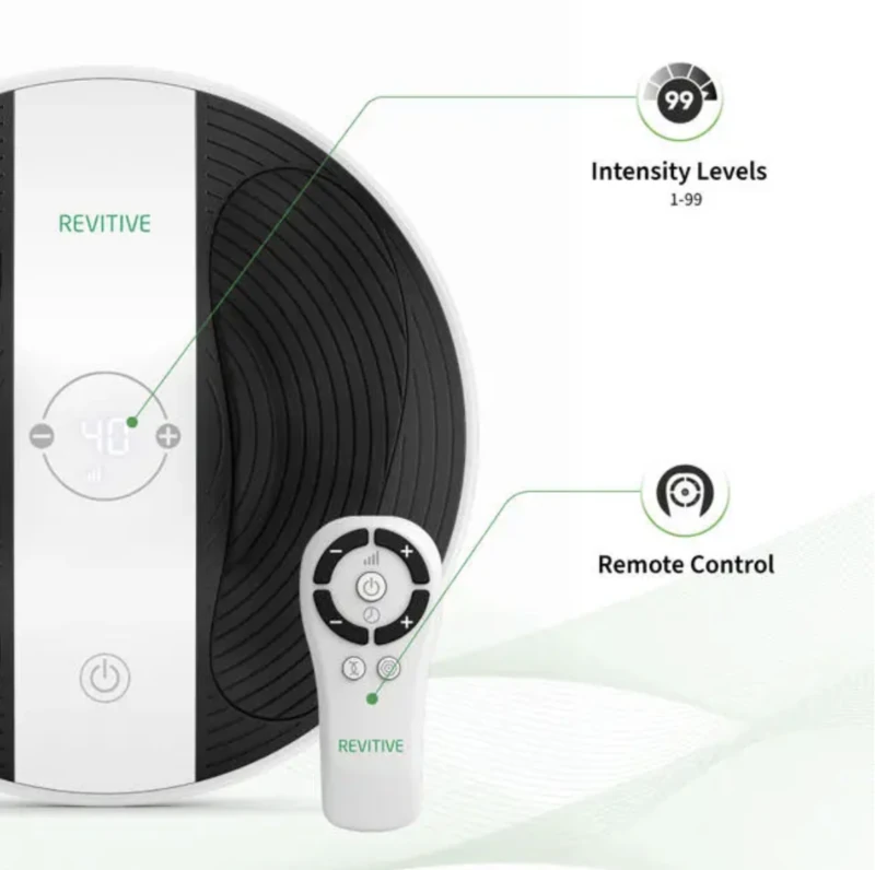 Revitive foot massager with remote control and intensity levels.