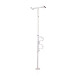 White security pole with a curved grab bar attached.
