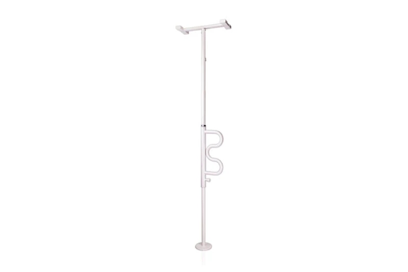 White security pole with a curved grab bar attached.