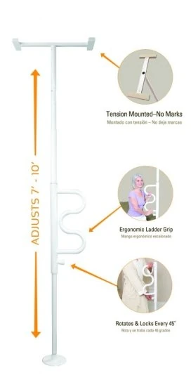 White security pole with a curved grab bar, adjustable from 7 to 10 feet.