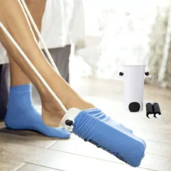 Person using a sock stocking aid to put on a blue sock.