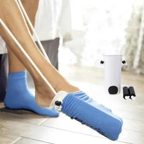 Person using a sock stocking aid to put on a blue sock.