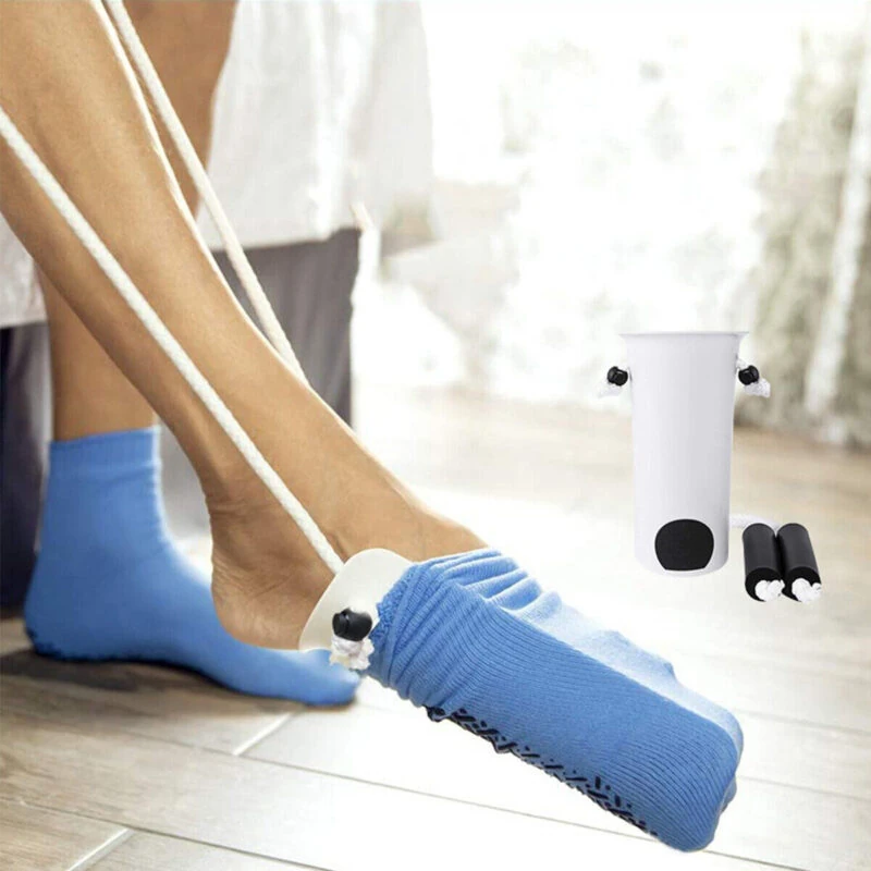 Person using a sock stocking aid to put on a blue sock.