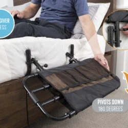 Bed rail with pouch attached to a bed, shown pivoting down for access.
